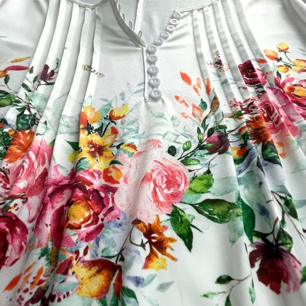 Beautiful SzL Blouse Floral Print White 3/4 Length Sleeve Round Neck Stretchy - Picture 11 of 13